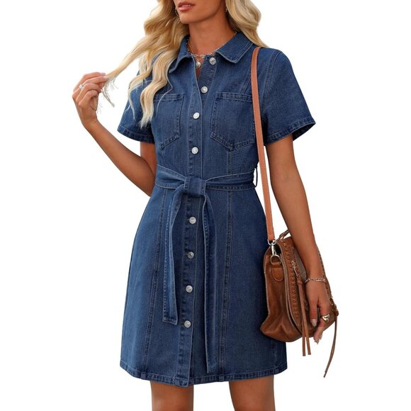 Dresses & Skirts - Women's Denim Dress Summer Short Sleeve Button Down with Pockets Plus Size